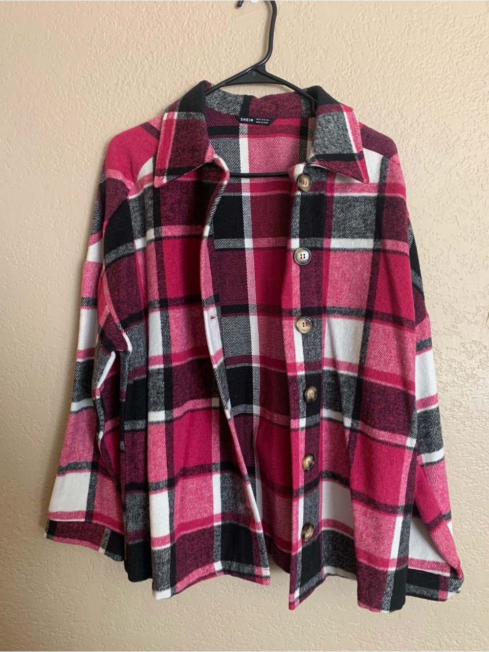 SHEIN Pink and Black Plaid Button-Up Shacket